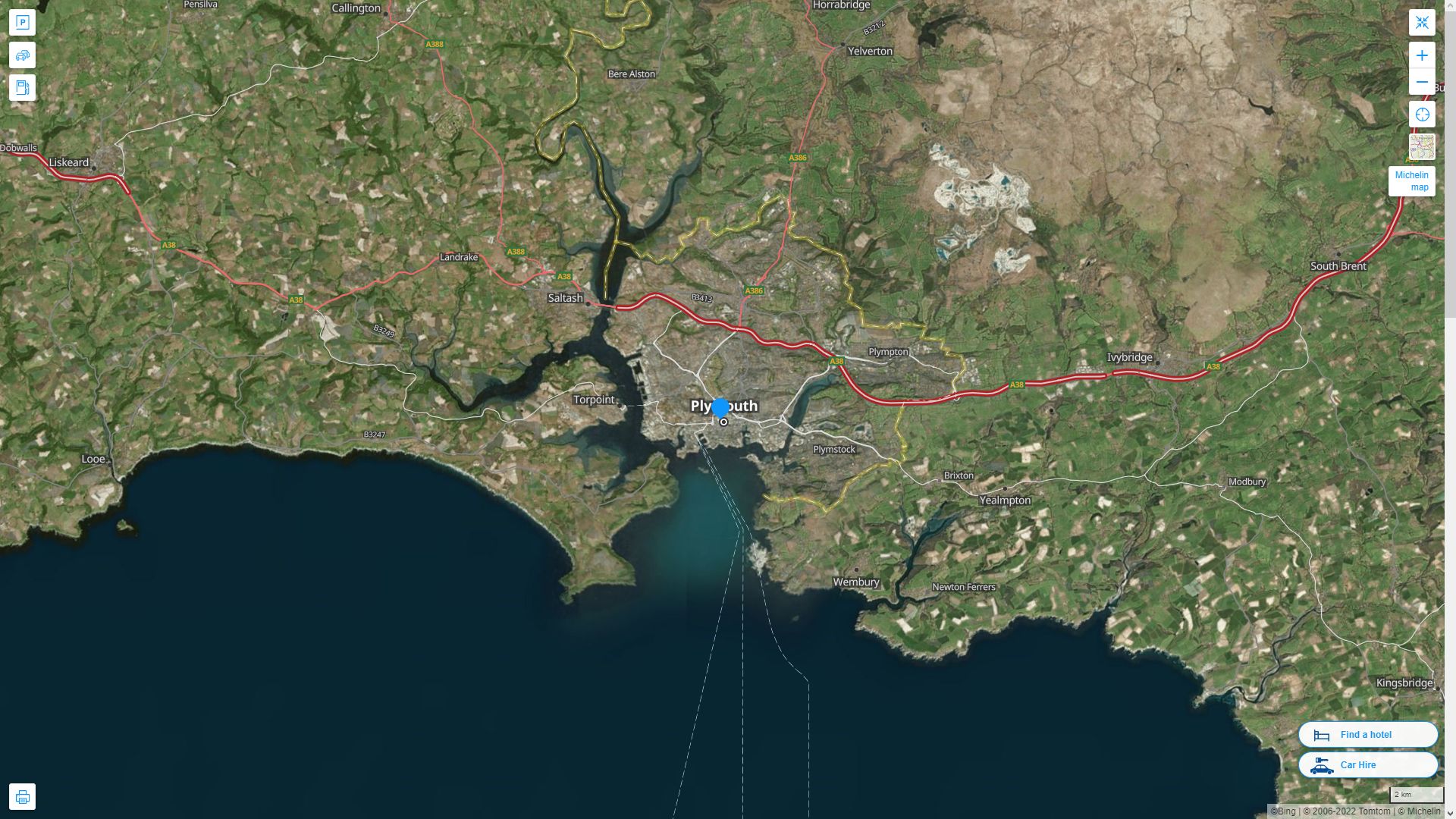 Plymouth Royaume Uni Autoroute et carte routiere avec vue satellite